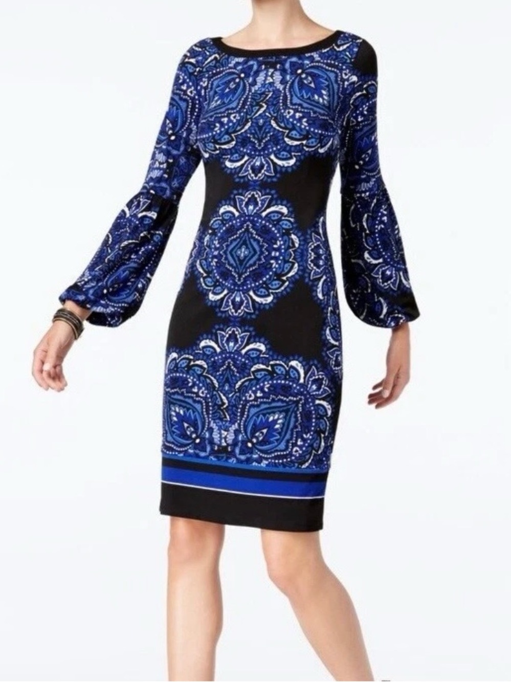 INC Blue Medallion Bell Sleeve Sheath Dress Size S